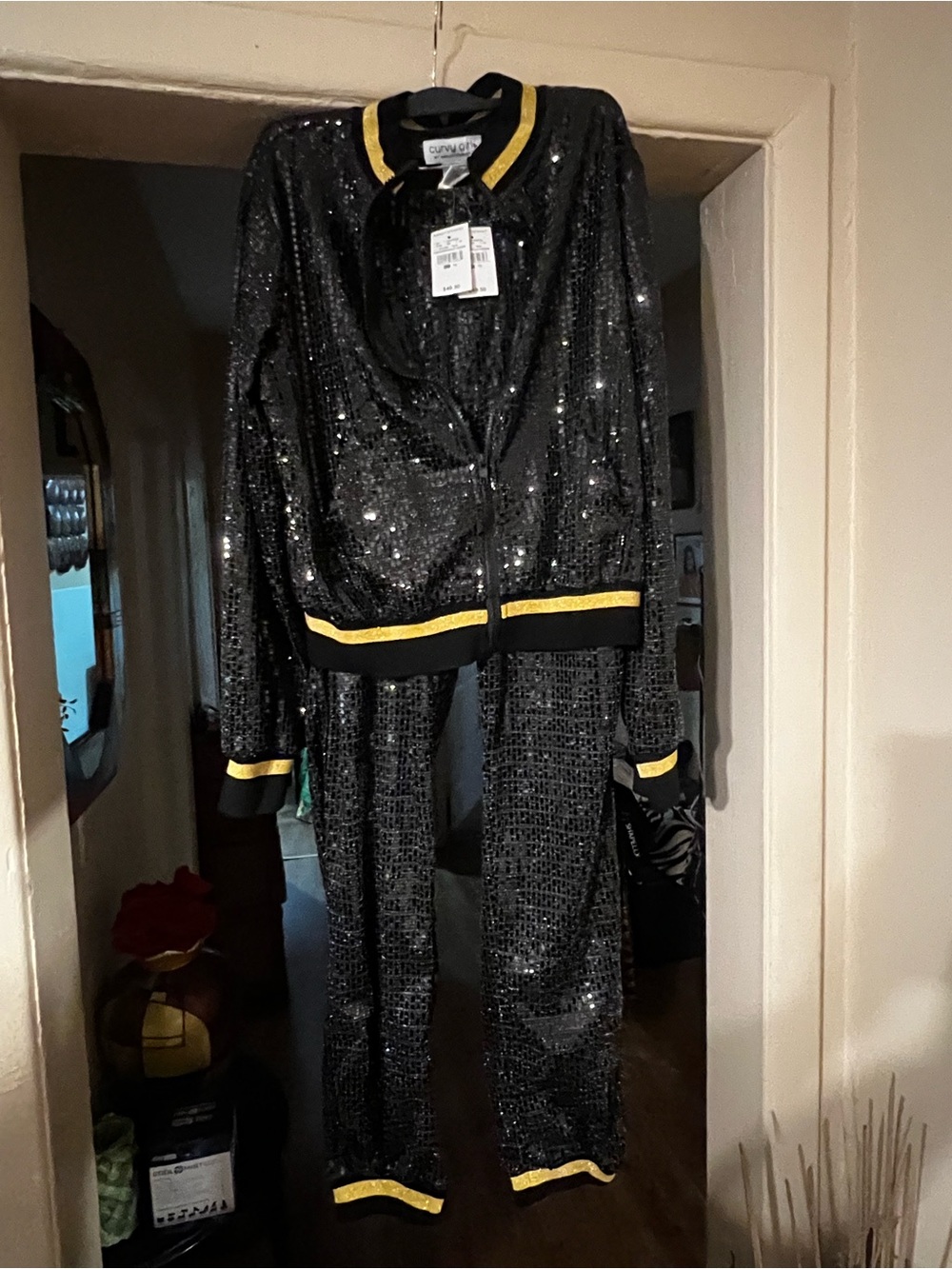 Ashley Stewart Black Sequin Track Jacket and Joggers with gold Trim